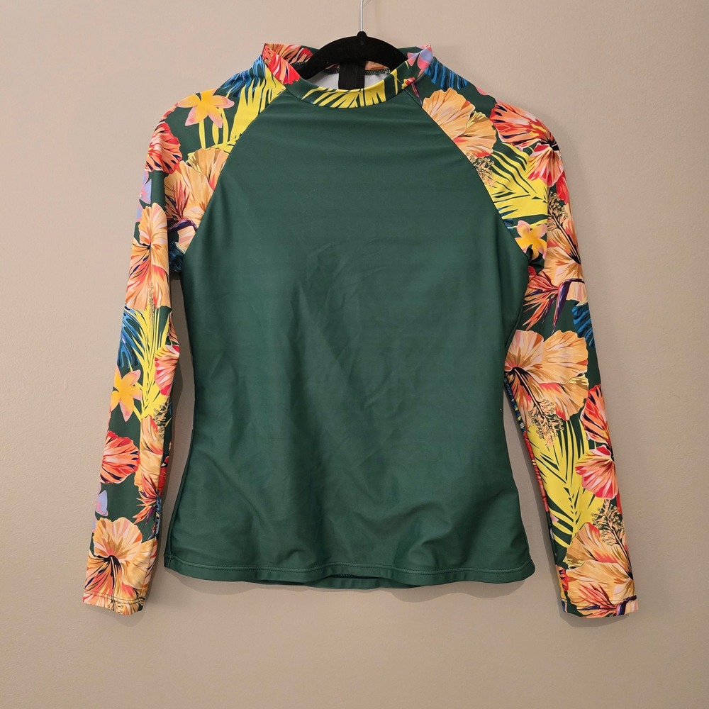 Women’s Long-Sleeve Tropical Rash Guard Swim Top - Forest Green